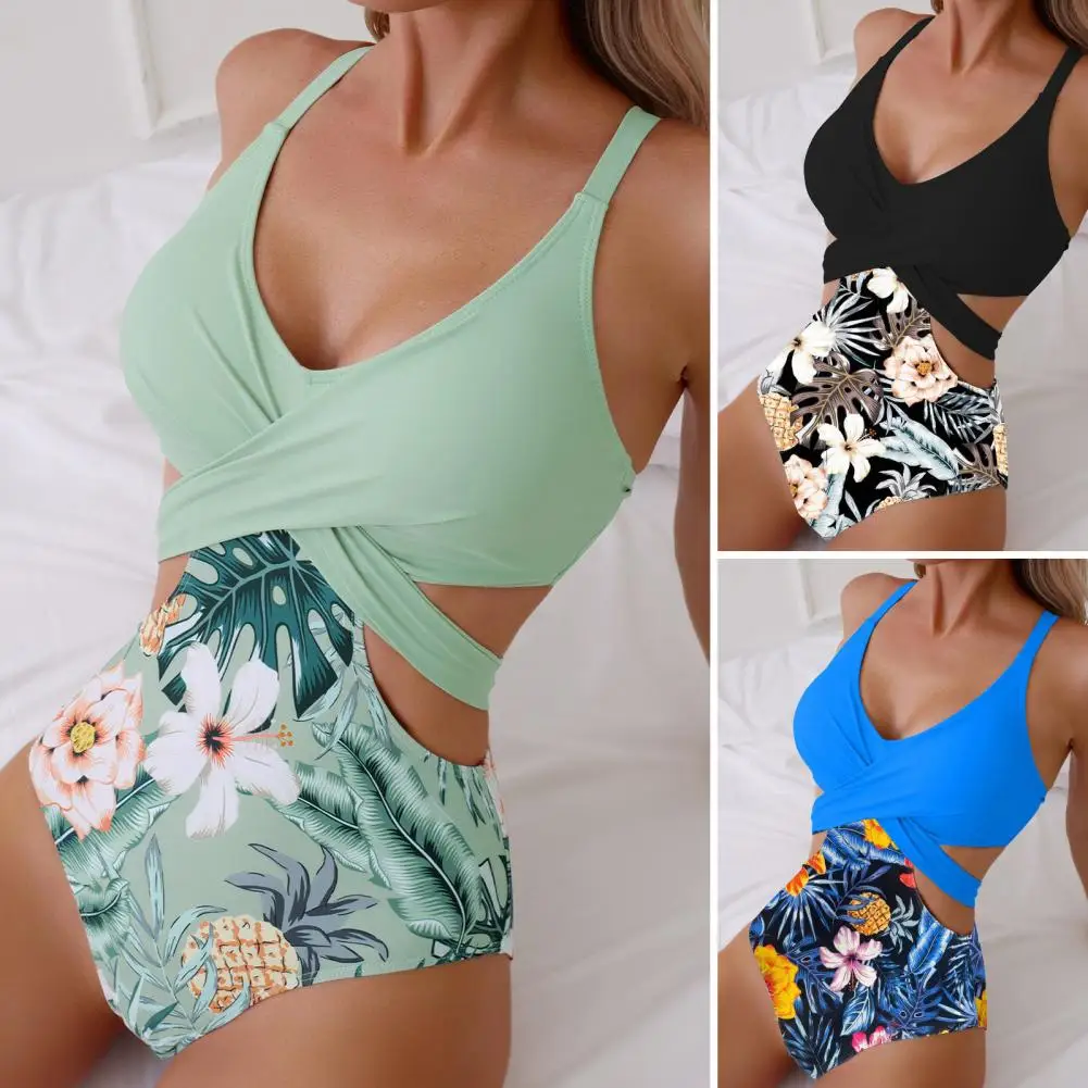 Women Summer Monokini Deep V-Neck Sleeveless One-piece Swimsuit Patchwork Color Hollow Out Backless Lace-up Beachwear