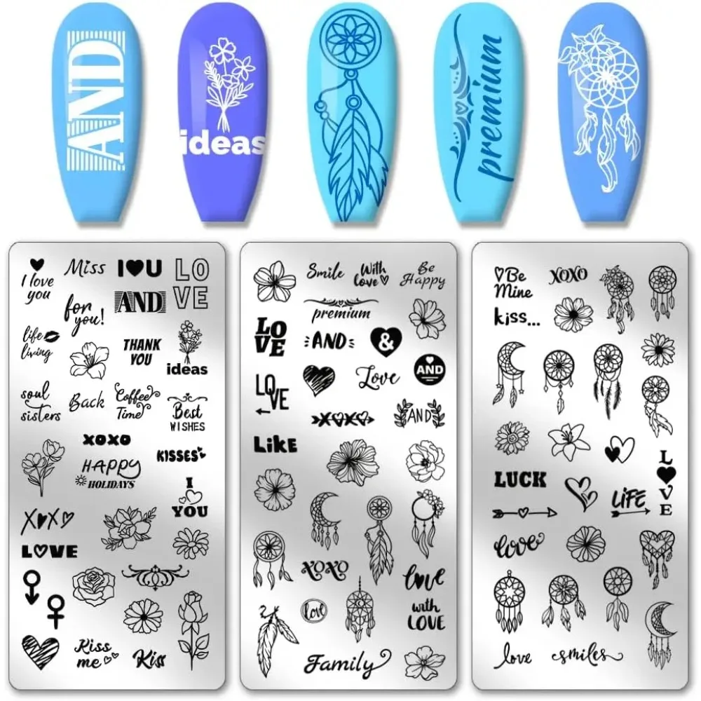 3 stücke Worte Blume Nagel Stamper Nagel Stempelplatte Dreamcatcher Liebe Herz Nail art Schablonen Edelstahl Nagel Bild Platten