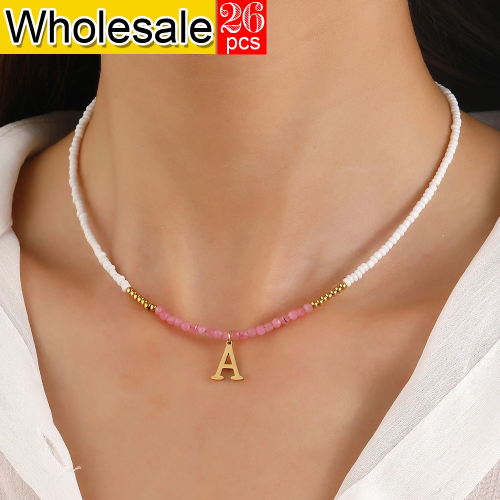 26PCS Short Necklace Bohemian A-Z Initial Pendant White Rice Pearl Pink Crystal Women's Necklace Accessories Wholesale