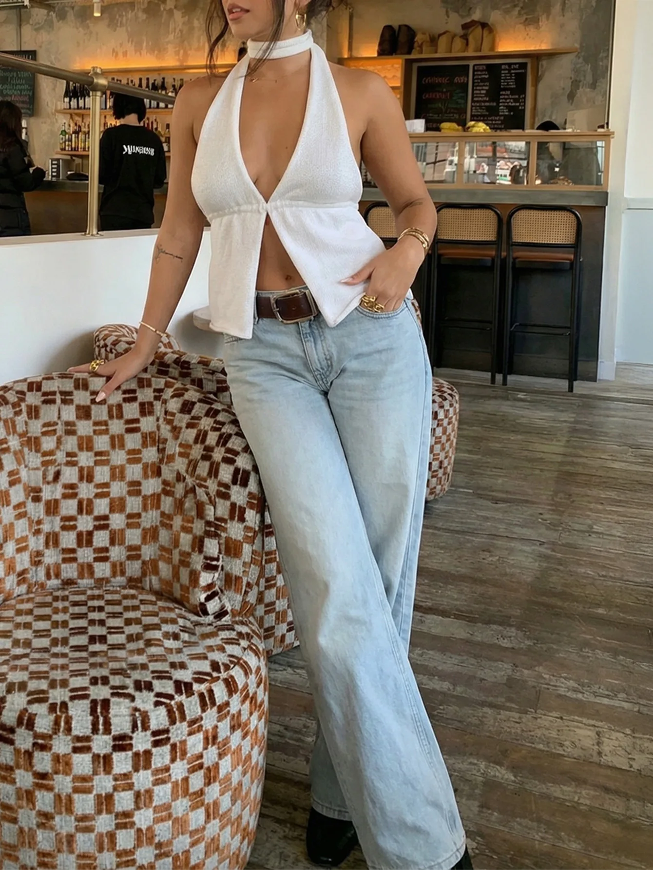 Women's Vest Summer New Fashionable Spicy Girl Sexy Style Solid Color Simple Deep V-Neck Slit Backless Design Hanging Neck Vest