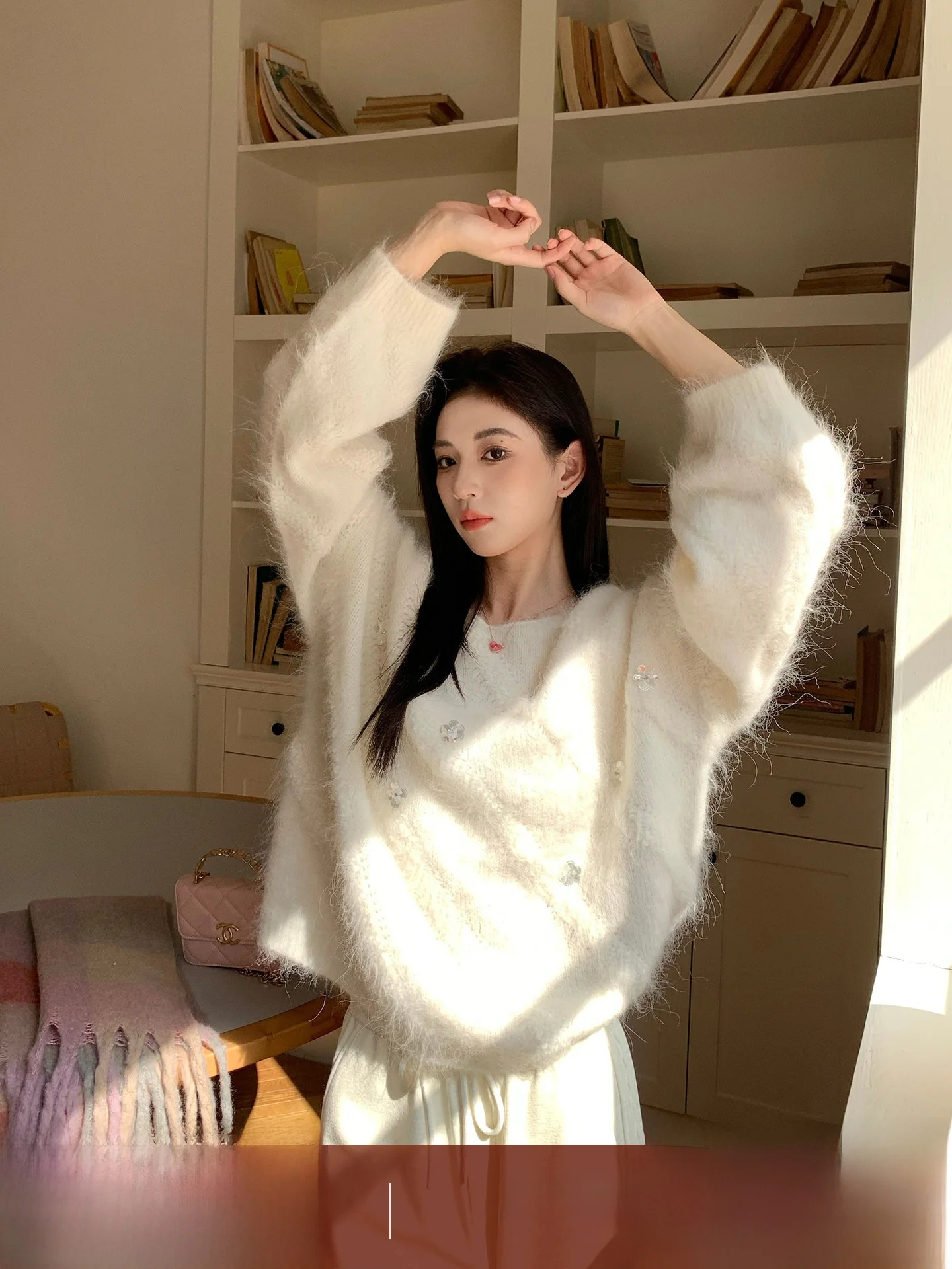 

Женский вязаный свитер INON: мягкий, осенне-зимний, для повседневной носки, ручная работа, дизайн с бисером, длинный рукав, круглый вырез, стандартный крой