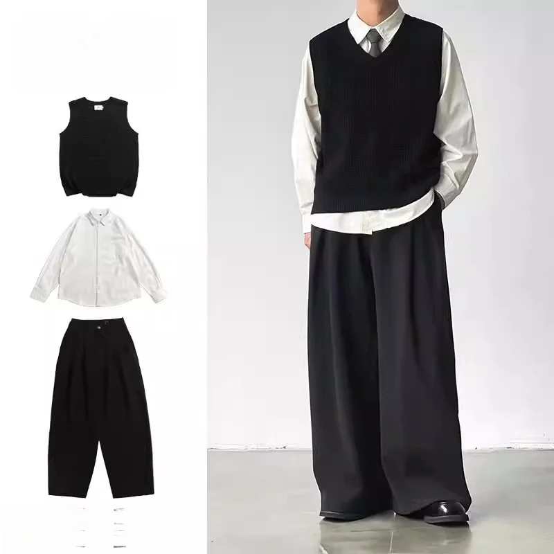 

Многослойный вязаный жилет и брюки, винтажный японский комплект, женский комплект с v-образным вырезом для колледжа, осенний одинаковый топ Bf