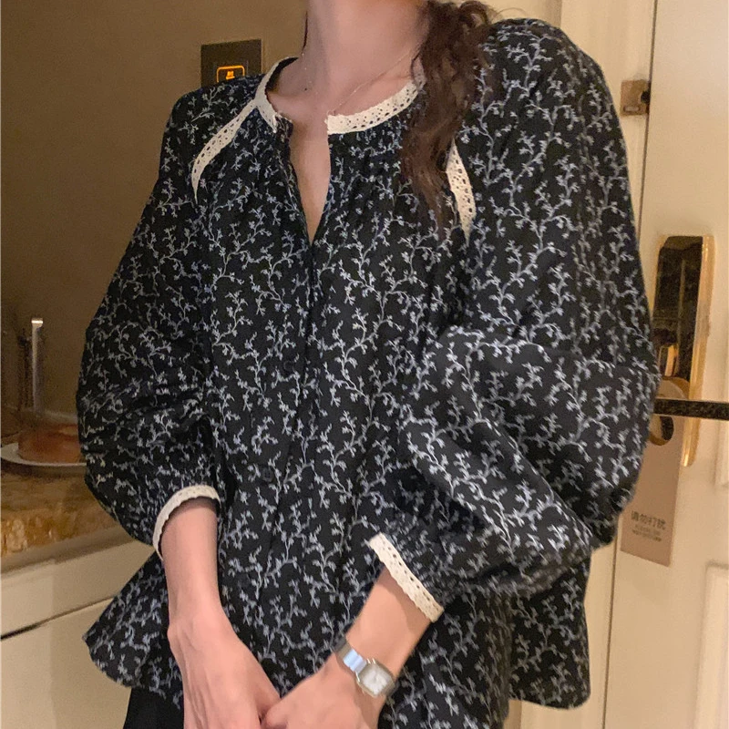 

Шикарный кружевной лоскутный топ с цветочным принтом Long Sve, женский осенний топ на одной пуговице, корейский круглый топ Ne Bubble Sve, свободный крой