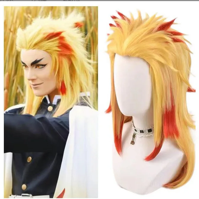 Anime Chasseur De Demons Rengoku Kyoujurou Cosplay Wig Costume Blonde Halloween Wigs for Men