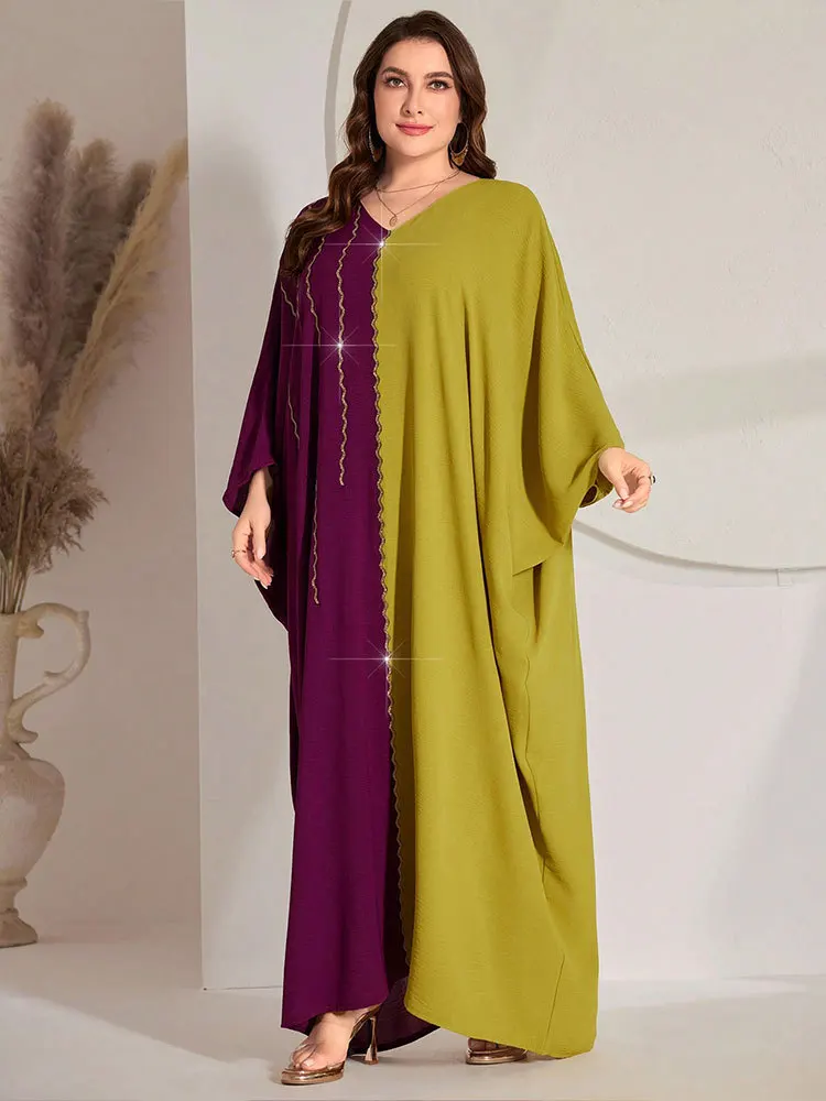 Muslim Women Loose Diamonds Abaya Plus Size Casual Women Dress Large Size Long Sleeve V-Neck Party Dress Marocain Islam Clothing