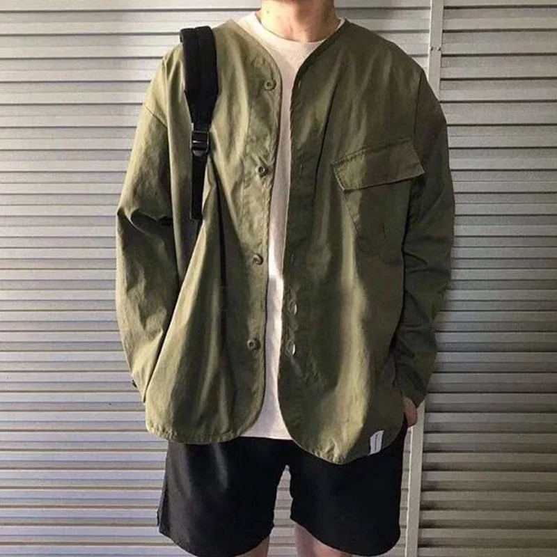 DCDT 21AW Collarless Oblique Pocket Army Green Shirt Coat DESCENDANT Loos Men Jacket Japan Style New Arrival