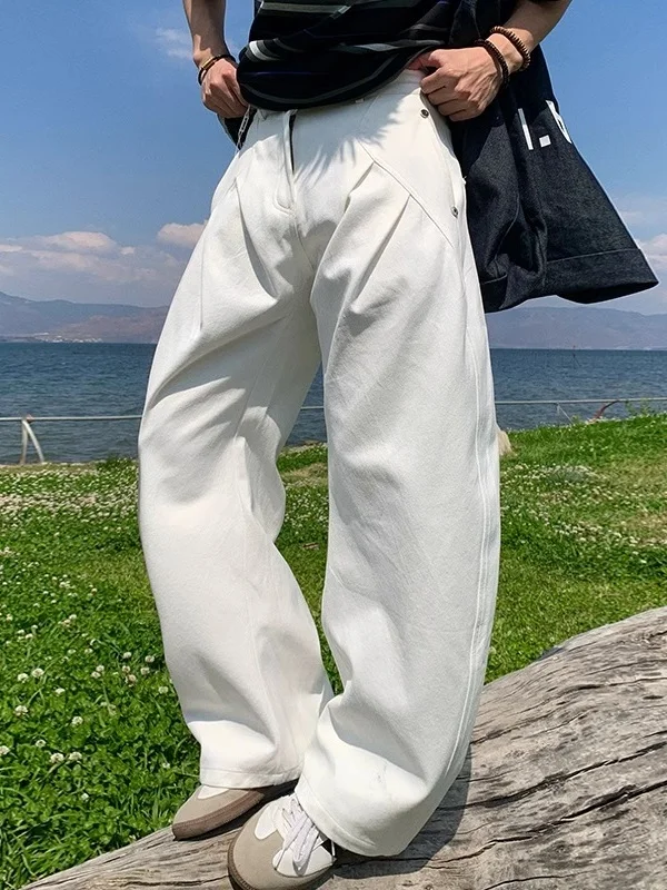 

Retro American Casual Pure Color Straight Leg Folded Design Knife Pants Loose Fit Long Jeans for Young Men Summer Wear