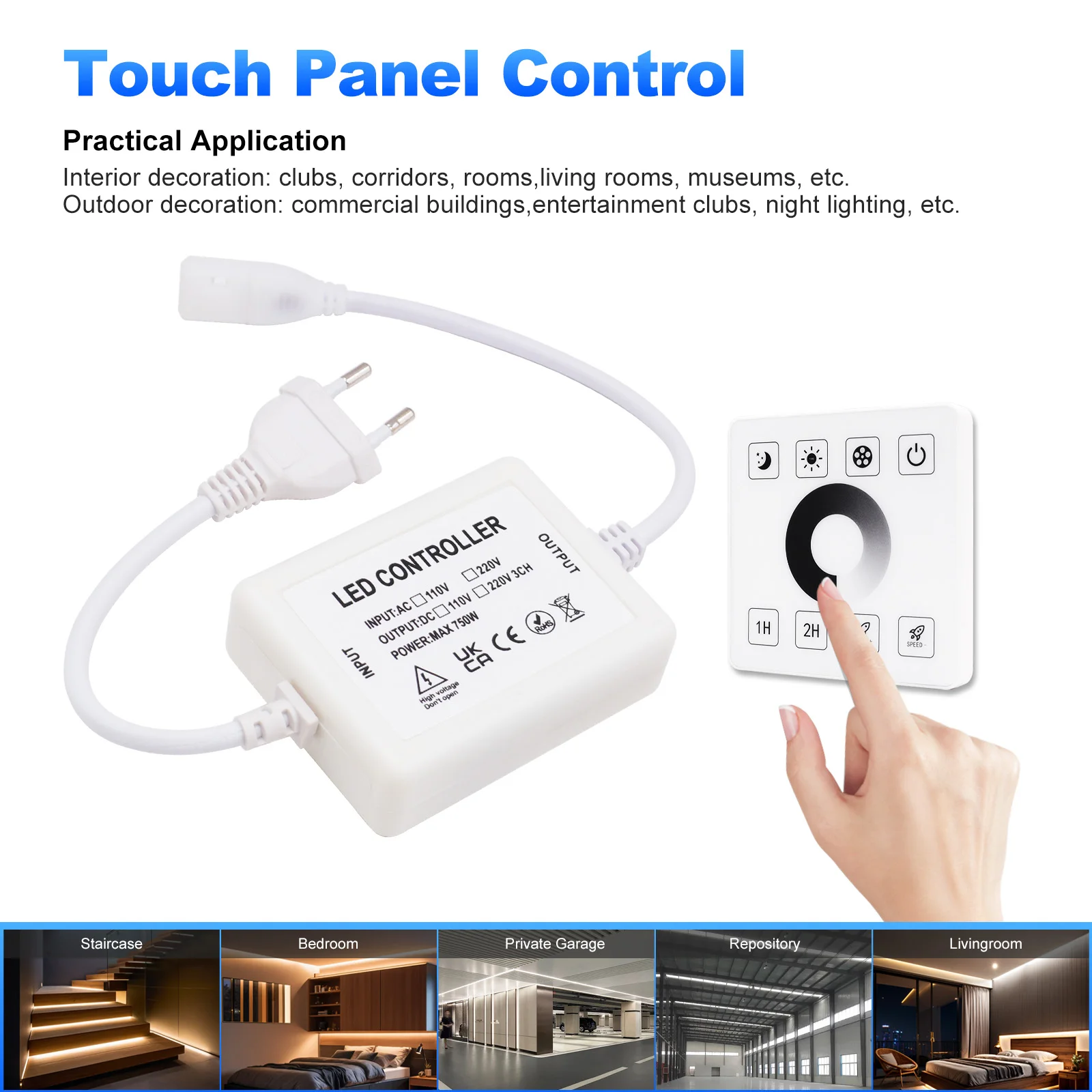 750W 220V 110V LED Dimmer Controller With Touch Panel Remote control Wall Light Switch For hollow neon strip