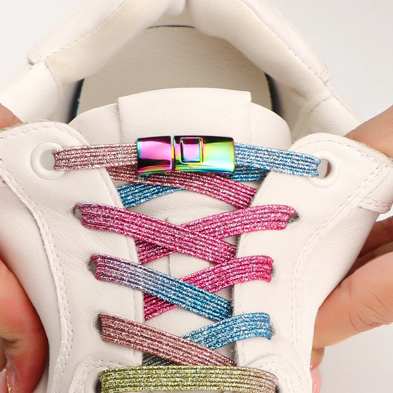 Rainbow Shoelace Fashion Glitter Elastic Laces for Sneakers Without Ties Cross Buckle Shoelaces for Running Shoes for Flat Shoes