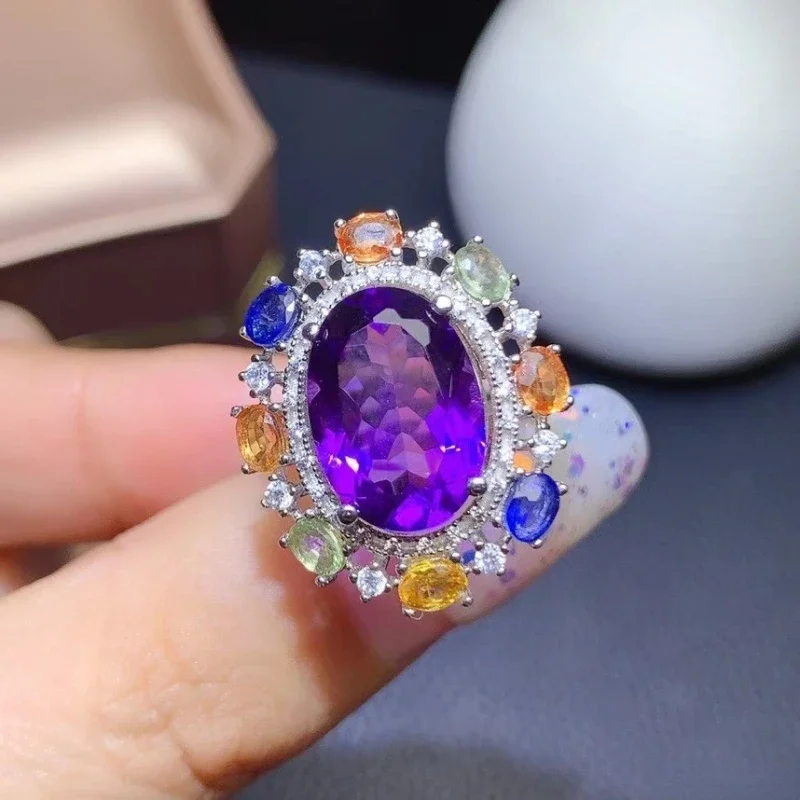 Fine Jewelry 925 Sterling Silver Inlaid Amethyst Color Sapphire Women's Exquisite Classic Oval Gem Adjustable Ring Sup