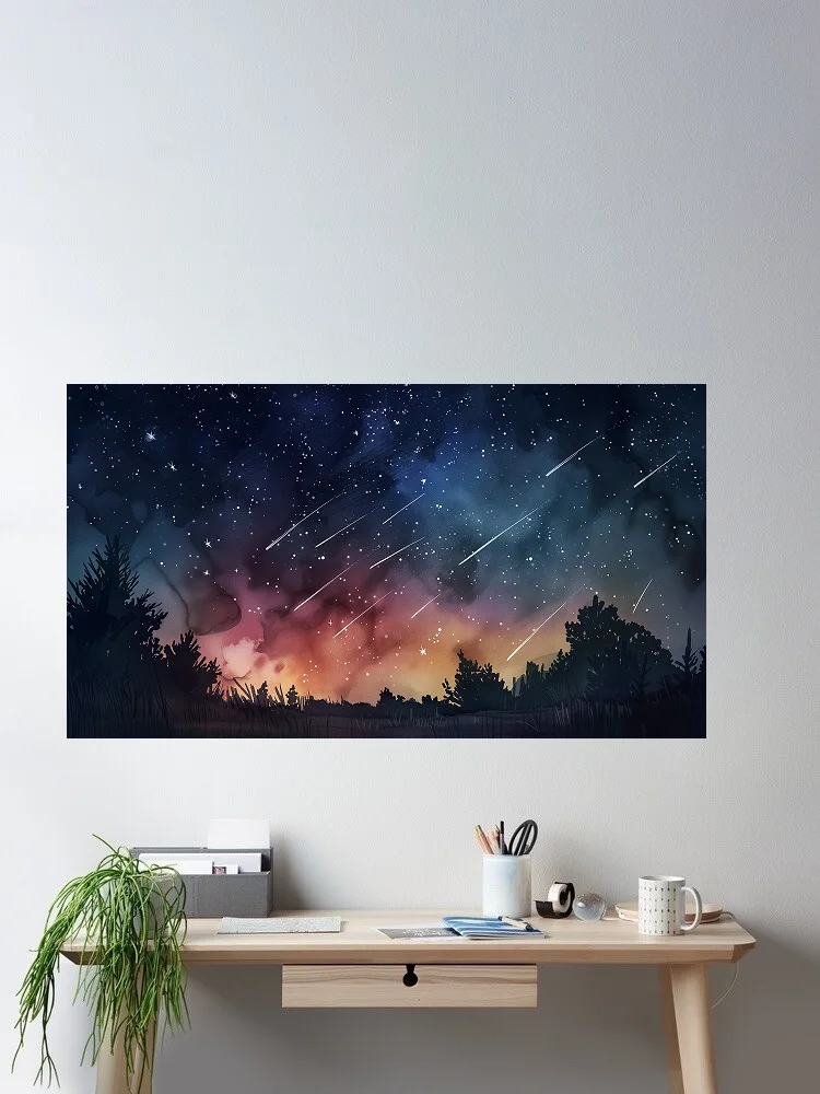 Starry Meteor Shower Night Sky Art Print Canvas Poster, Living Room Decor, Home Wall Picture