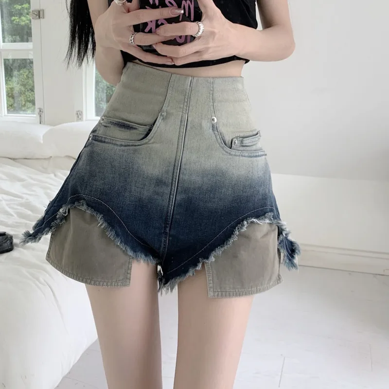 Y2k Streetwear High Waist Denim Shorts Gradient Pocket Design Jeans For Women Fashion Raw Edge Fake Two Piece Denim Shorts