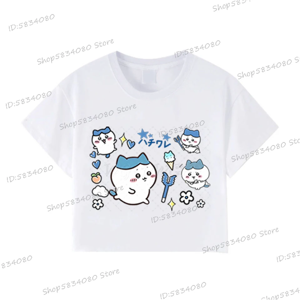 Chiikawa فتاة Harajuku تي شيرتات قصيرة الاكمام Kawaii Y2K المحاصيل القمم الكرتون Chiikawa الجرافيك طباعة القطن قصير الأكمام المرأة تيز #5