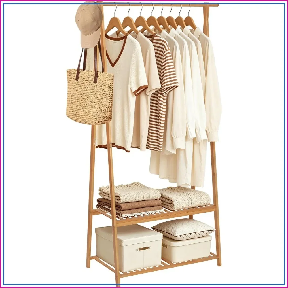 Bamboo Clothing Rack with Shelves, Wood Garment Rack for Hanging Clothes, Freestanding Open Wardrobe Closet Rack for Bedroom Entryway Apartment