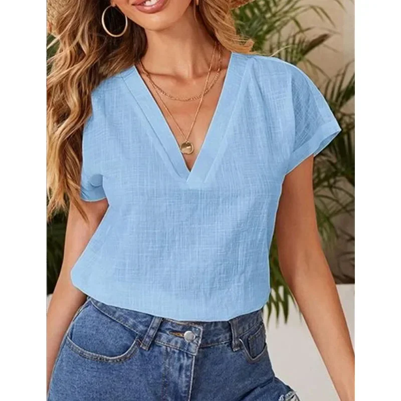 Women's Solid Casual Shirts & Blouses for Women 2024 Summer Vintage Fashion Elegant Youth Female Tops Blusas Para Mujer