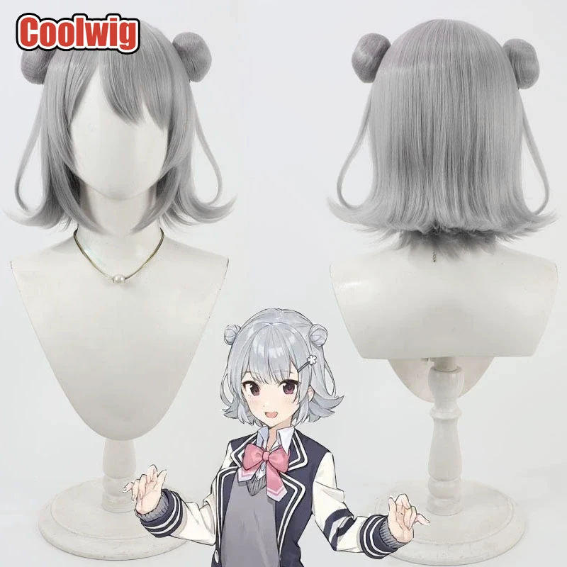Coolwig Synthetic Hair Koharu Rikka Cosplay Wigs With Buns Virtual YouTuber Koharu Rikka 30cm Short Gray Wig Heat Resistant