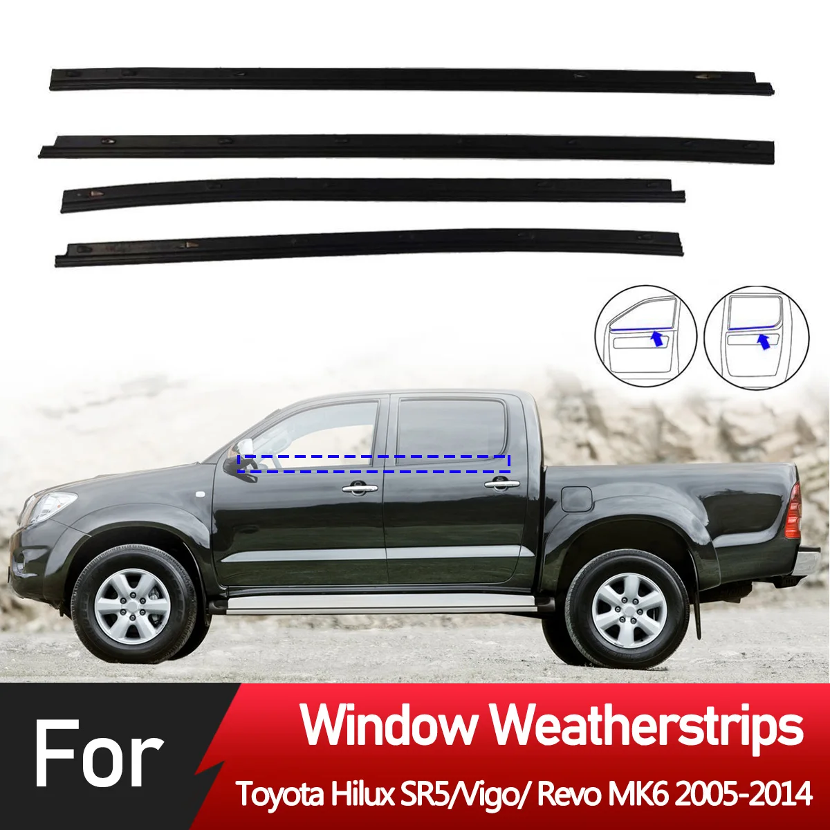 4PCS Inner Windows Rubber Weatherstrip Door Strip Sealing Belt Moulding Trim For Toyota Hilux SR5/Vigo/ Revo MK6 2005-2014