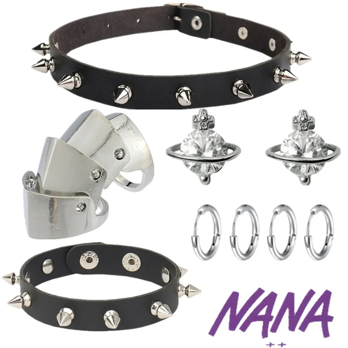 

Anime Oosaki Nana Cosplay Fashion Punk Necklace Sexy Rivet Leather Rope Choker Jewelry Set Earrings Bracelet Rings Accessories