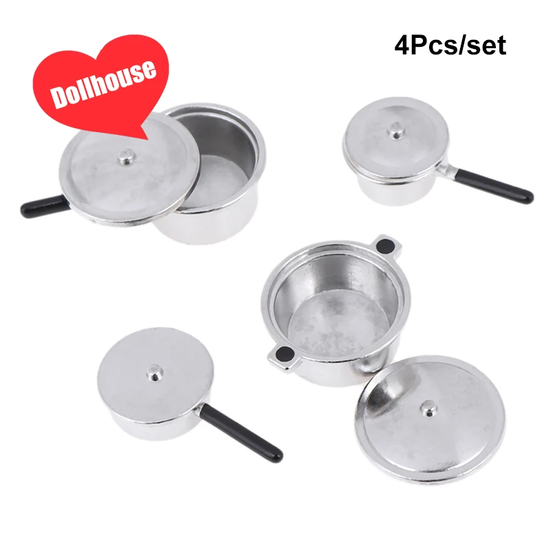 4Pcs Dollhouse Kitchen Pretend Play Toys With Stainless Steel Cookware Pots And Pans Set Cooking Utensils Gifts Learning Tool