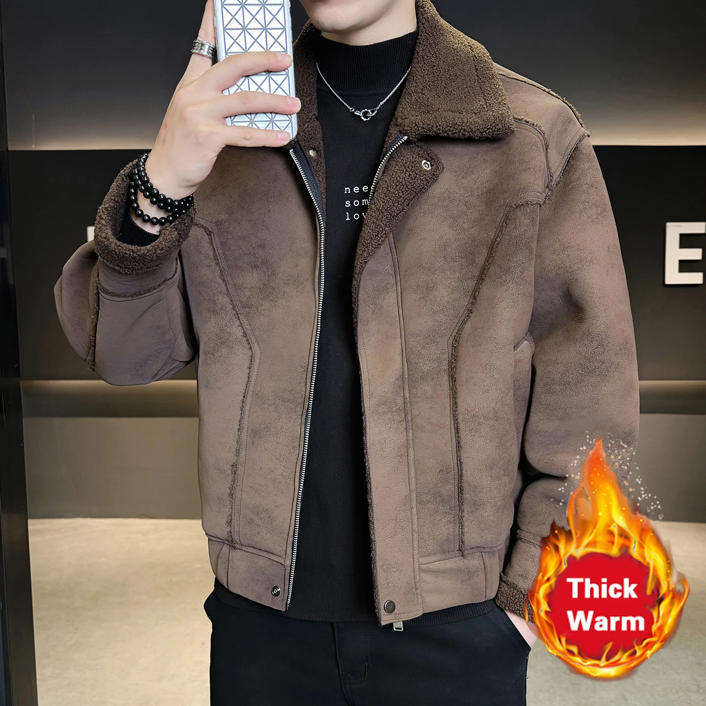 

Winter Fleece-Lined Thickened Leather Jacket Men Trendy Jacket Autumn Thick Warm Men's Faux Leather Jacket Men Pu Chaqueta Cuero