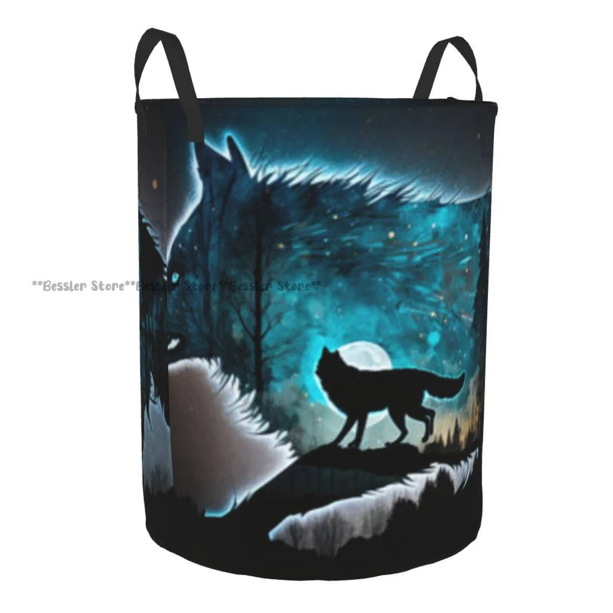 Wolf Running Through Forest With Moon And Stars Waterproof Storage Bag Household Dirty Laundry Basket Folding Clothes Organizer