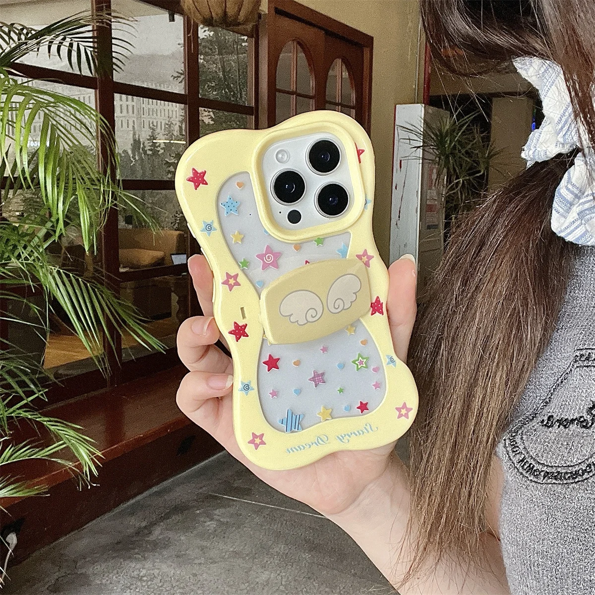 

Korean Color Star Wing Stand Phone Case For iPhone 15 14 16 13 Pro Max Shockproof Cute Bowknot Holder Cases 16 Promax Funda