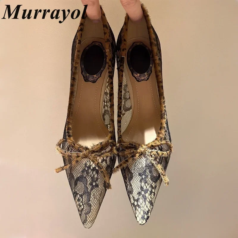 Sandali da donna in pizzo a rete con punta a punta Decorazione con nodo a farfalla Tacchi alti sottili Sandali con cinturino alla caviglia Scarpe da festa estive Décolleté