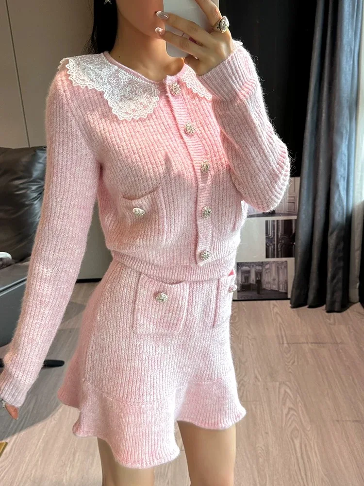 Pink lace doll collar collar knit cardigan half skirtNew two piece set temperament sweetWomen's two pieces set 2025 spring new