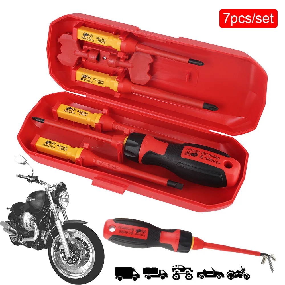 7개입 1000V 절연 드라이버 세트 평면 및 필립스 드라이버 자석 손잡이 탈착식 오토바이 자동차 제거 도구