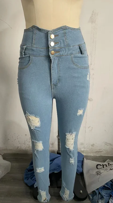 Women's Fashion High Waist Buttoned Cutout Ripped Skinny Jeans Spring Casual Streetwear Pocket Design Plain Daily Long Jeans