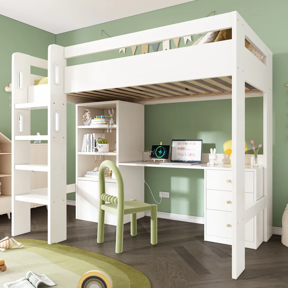 Kinderbett, Hochbett mit USB-C-Schreibtisch, Kleiderschrank, Aktenschrank, Jugend-Einzelbett mit Treppe und Gitter, ohne Matratzenraum – Detail 9