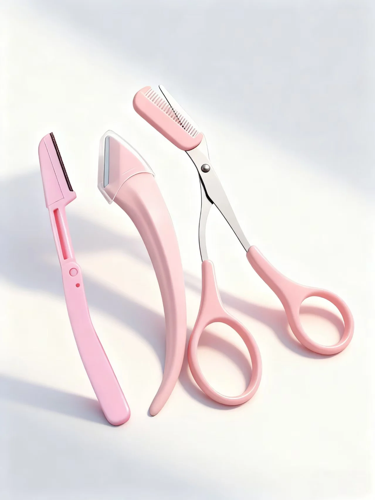 Conjunto de 3 Lâminas para Sobrancelhas e Removedor de Pelos Faciais, Lâminas de Aço Inoxidável Reutilizáveis, Cabo Rosa, com Tesoura para Mulheres