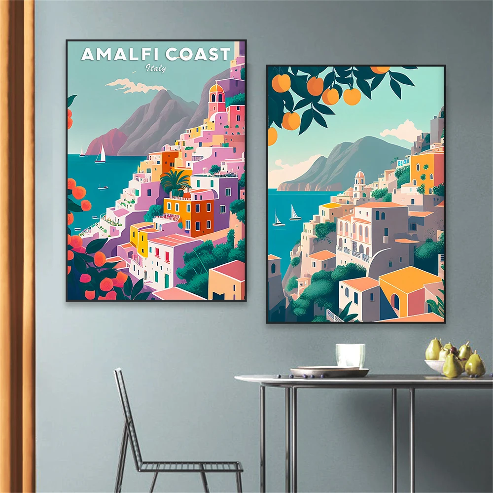 

Italy Landscape Print Amalfi Coast TraveI Poster Colorful City Nature Poster Canvas Painting Home Living Room Wall Art Decor