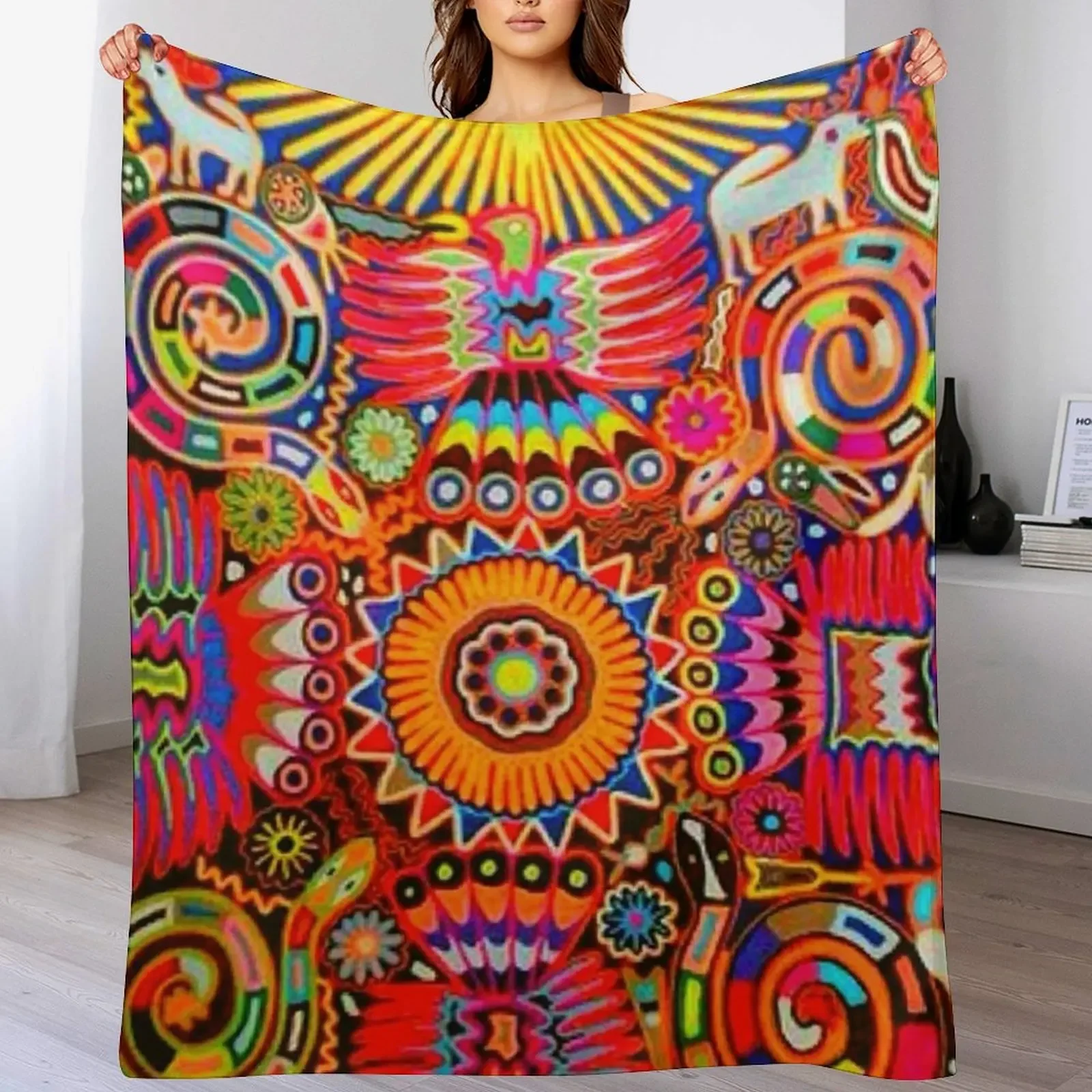 

Mexican Colorful Huichol Mexican Blanket Design Large Cozy King Size Vintage Folk Art - Throw Blanket Summer Beddings Blankets