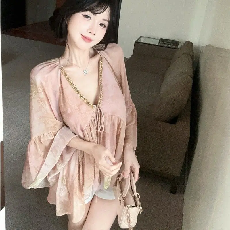 여성을위한 부드러운 v 넥 꽃 쉬폰 블라우스 여름 분위기 한국 스타일 고귀한 빈티지 콜드 페어리 탑