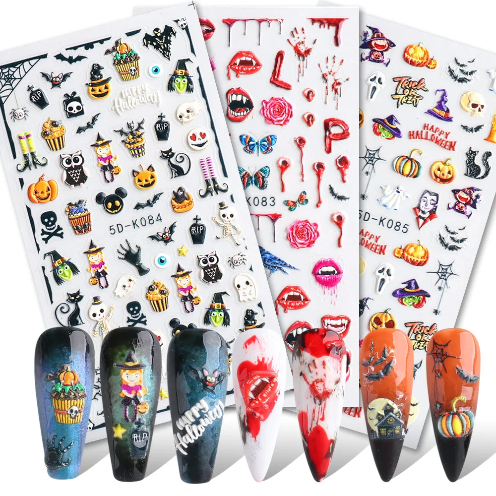1 Stück Halloween-Nagelkunst-Aufkleber, 5D-geprägt, Kürbis und Totenkopf, Cartoons, Fledermaus-Spitze, Nagelflicken für festliche Maniküre, Halloween-Nagel