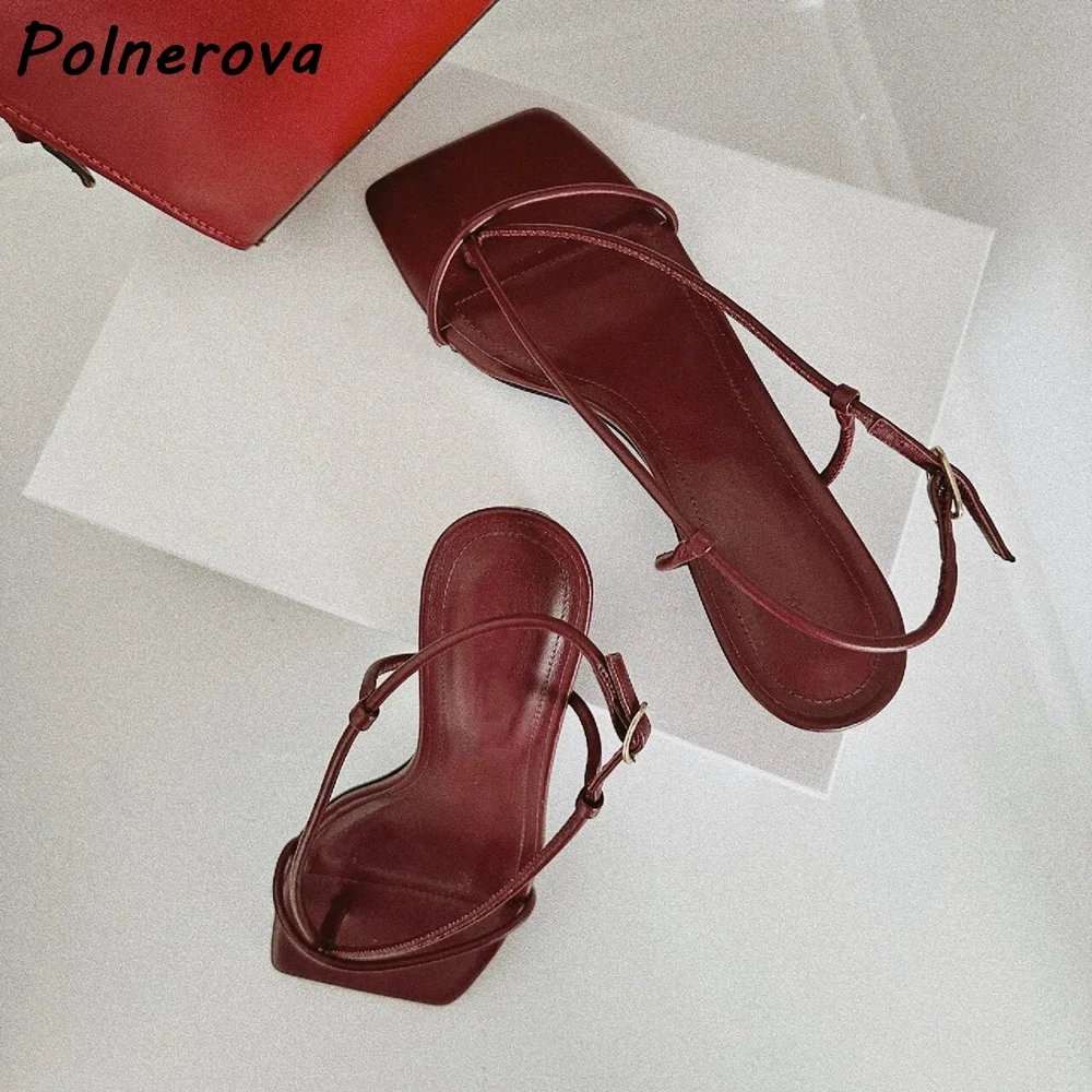 Minimal Thin Cross Strap Sandals Square Toe Slingback Low Heel Adjustable Ankle Buckle Shoes Burgundy Women Summer Casual Shoes