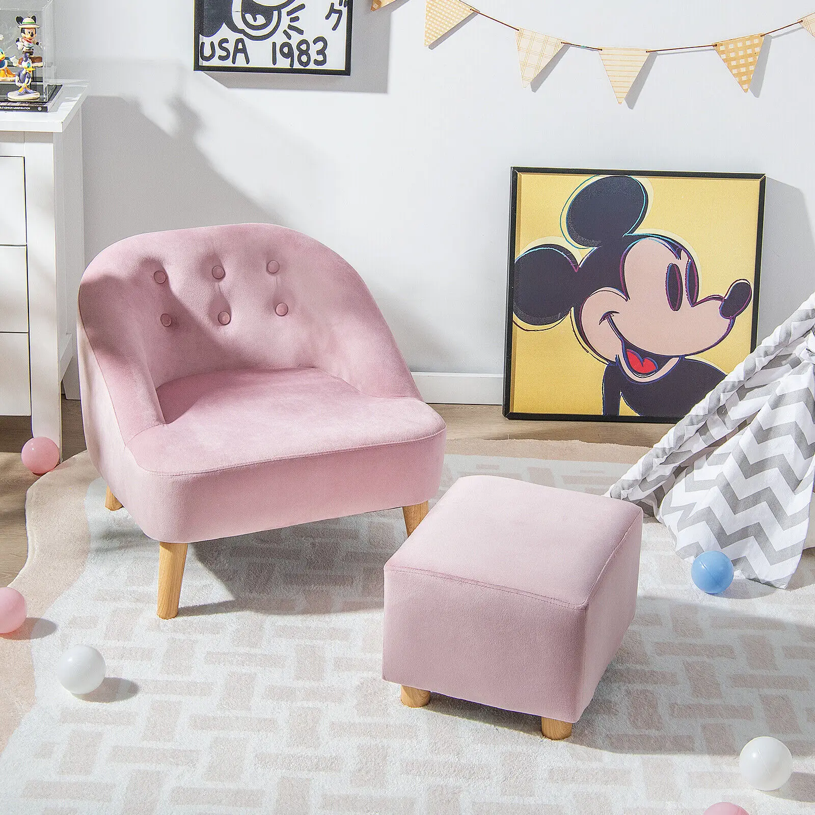 Costway Kids Sofa Chair w/ Ottoman Toddler Single Sofa Velvet Upholstered Couch Pink