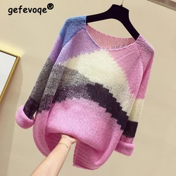 Women Trendy Contrast Color Hollow Streetwear Oversized Knitted Sweaters Autumn Casual O Neck Long Sleeve Pullover Tops Jumpers