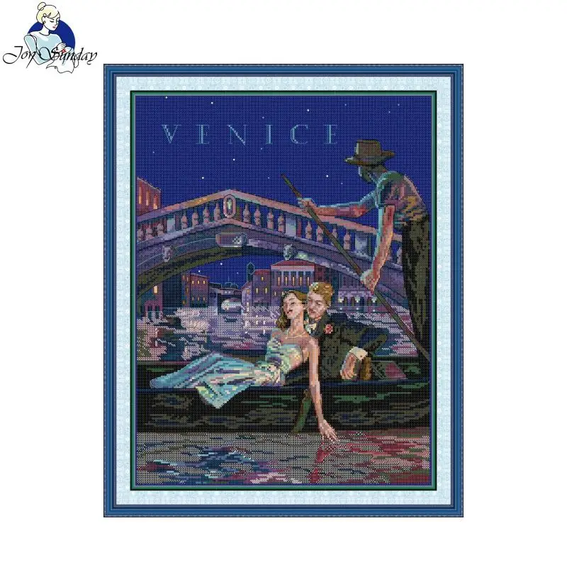 Joy Sunday Venice Nights Pattern Printed Cross Stitch Kits Aida 16/14/11CT DIY Folk Craft Counted Hand Embroidery Set Home Decor