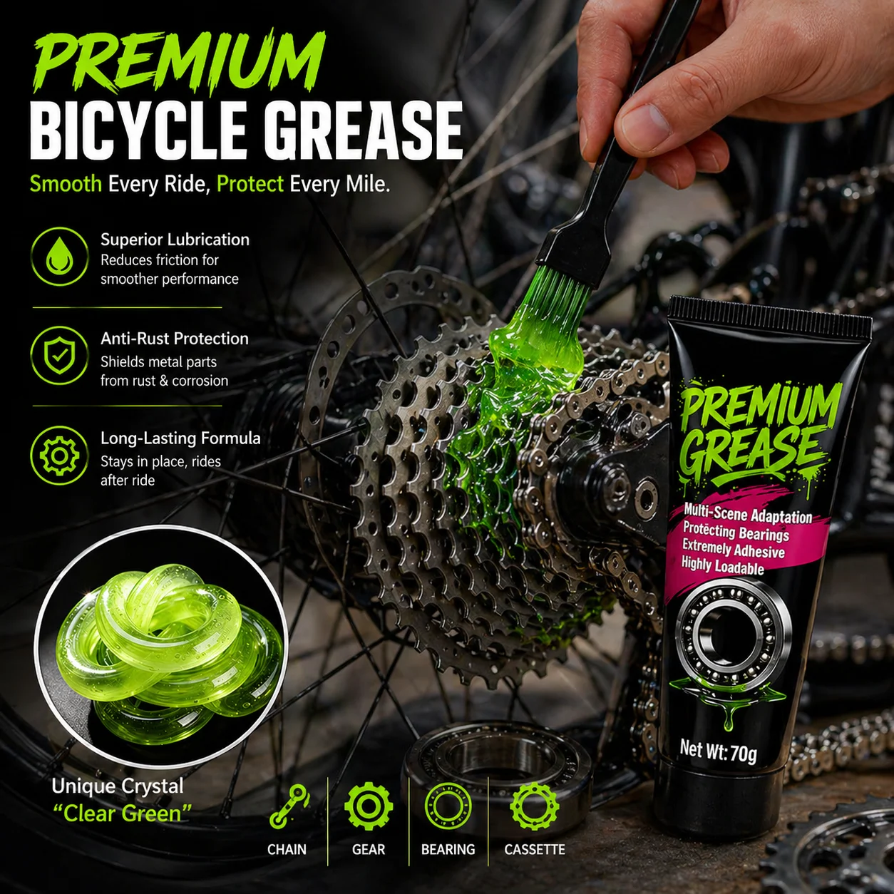 Premium 70g Fahrrad-Schmierfett Grünes Apfelsaft-Lagerfett Naben- und BB-Schmiermittel Öl Schmiermittel Lipid-Elemente für Shimano Sram – Detail 6