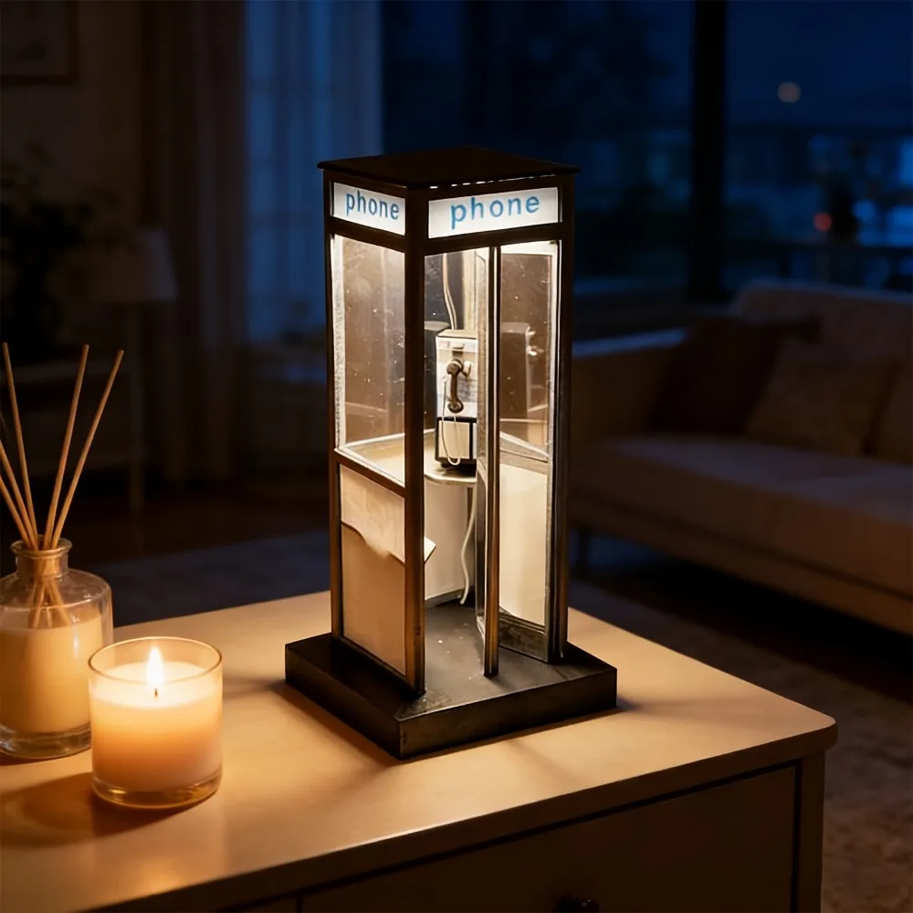 Retro Vintage Tall Phonebooth Lamp, Classic Telephone Booth Table Lamp With Warm LED Light, Phone Box Decorative Night Light view 2