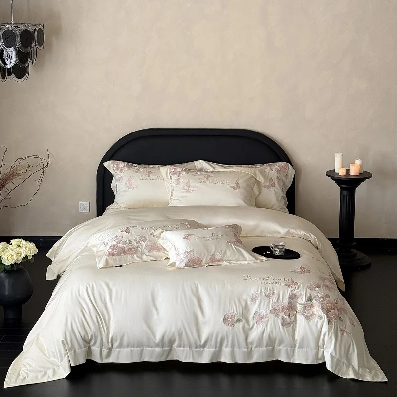 

1000TC египетский хлопок с цветочной вышивкой, роскошный комплект постельного белья королевского размера, пододеяльник, плоская/приталенная простыня, наволочки, 4 шт.