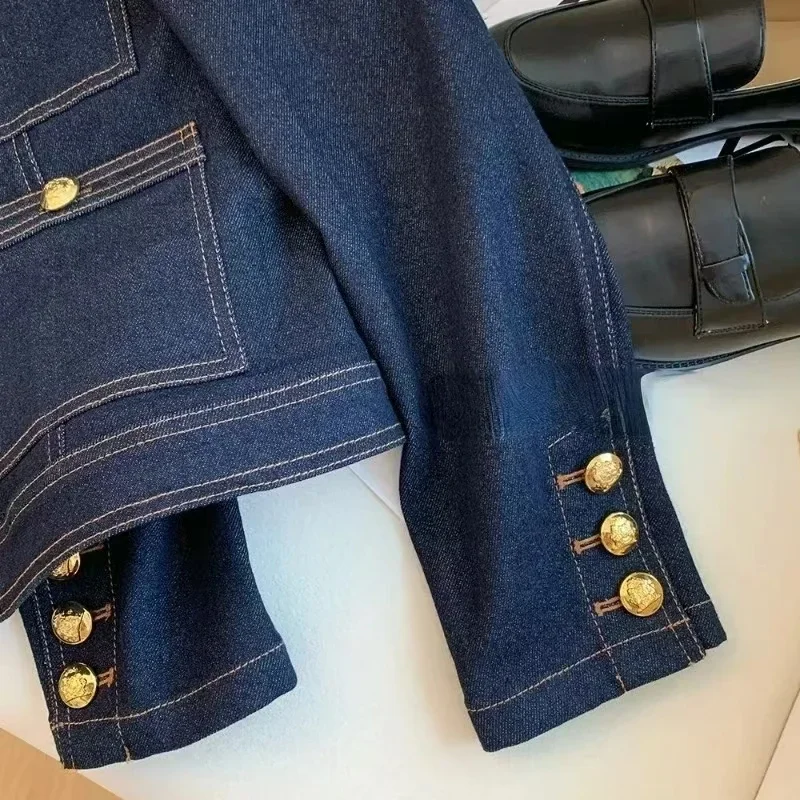 Luxury Spring Autumn Vintage Blue Denim Jacket Women Short Tops Metal Button Jean Coat Bomber Jackets Long Sleeve Outerwear New