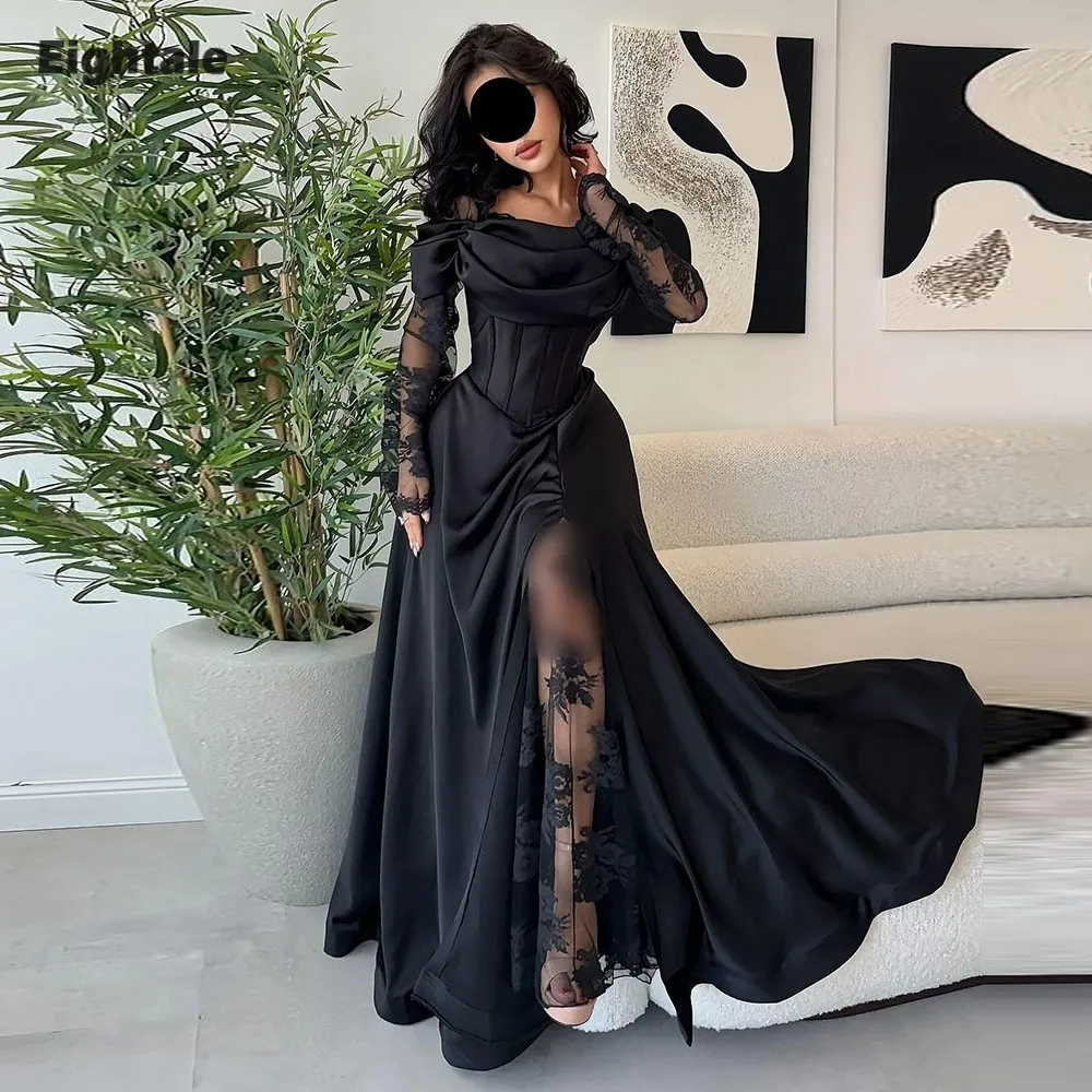 فساتين زفاف عربية Eightale مخصصة قبالة الكتف الدانتيل الأسود طويلة الأكمام الساتان فساتين الزفاف Vestidos De Novia