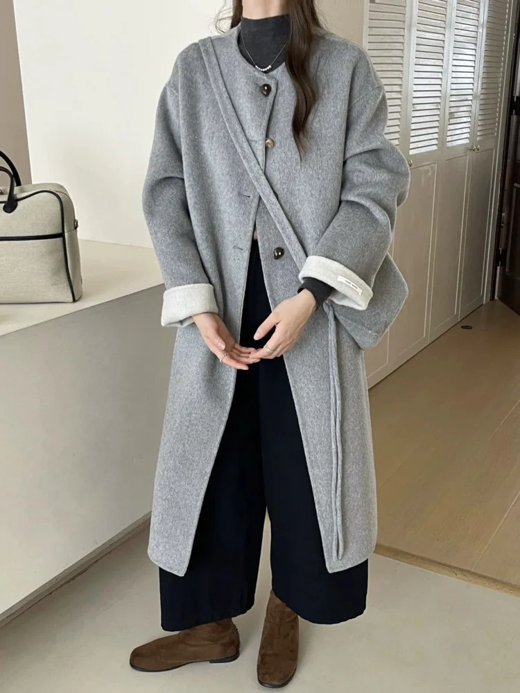 ZMEENNA Women's Long Wool Coat Winter Round Neck Jacket Pink Chic Outerwear Warm Oversized Overcoat With Pockets ZM3742