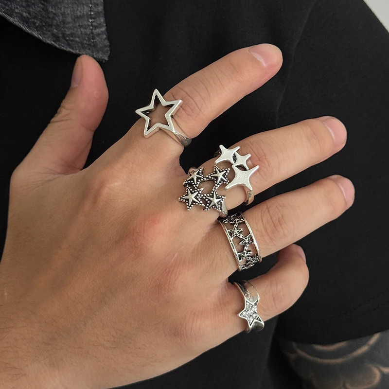 5Pcs/Set Fashion Creative Personalized Stars Open Rings For Men Goth Adjustable Knuckle Ring Jewelry