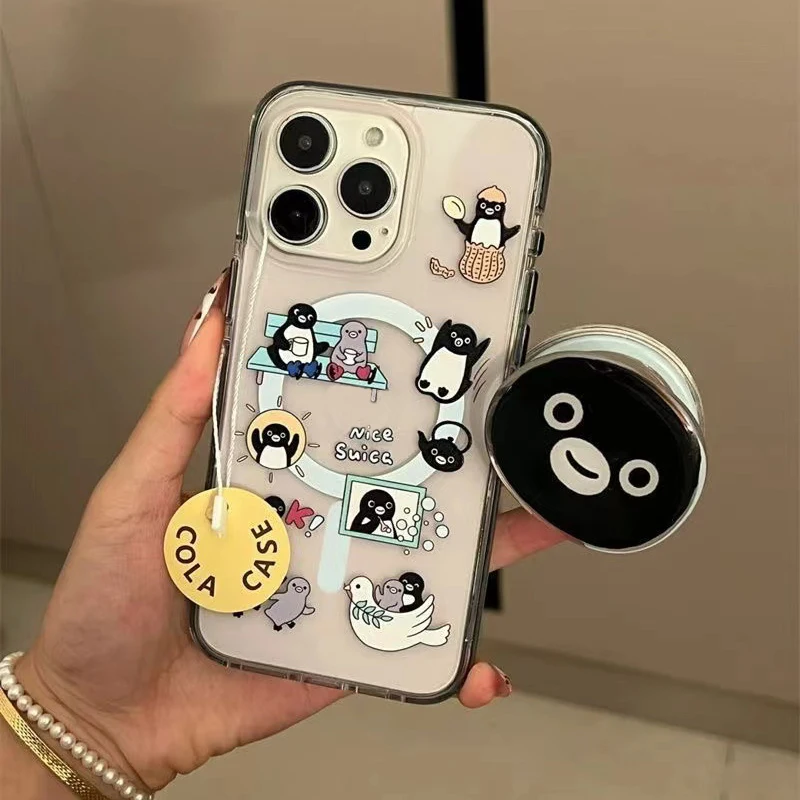 Magnetic painted multiple little penguin phone cases with penguin stand For iPhone 11 12 13 14 15 16 pro max