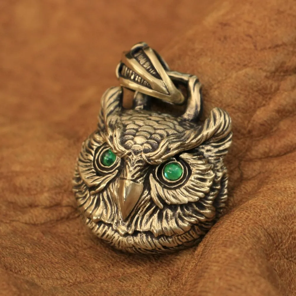 Green CZ Eyes Brass Owl Pendant BR277