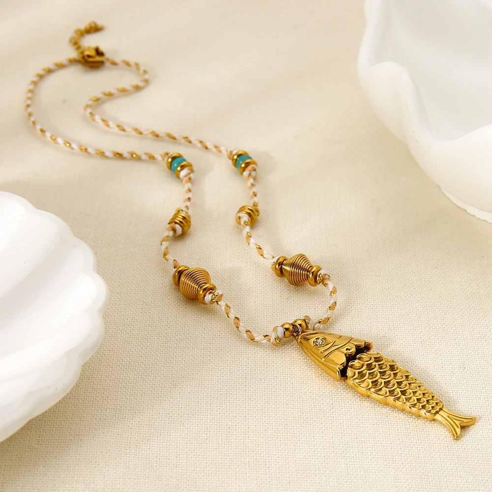 

Beach style Koi Fish Pendant Necklace 18K Gold Plated Stainless Steel with Braided Cord Necklace for Women Jewelry Gift